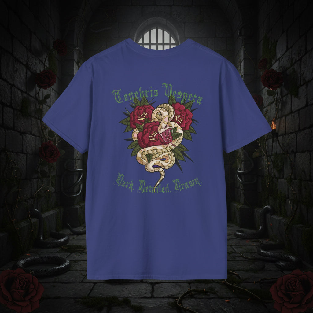 Blue t-shirt with snake and rose design on a white background