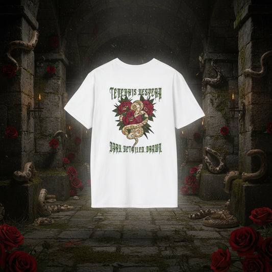 White t-shirt with a snake and rose design on a white background