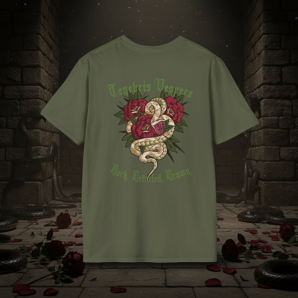 Green t-shirt with snake and rose design on a white background