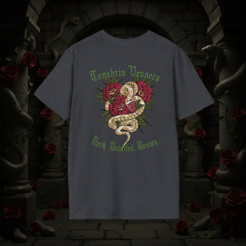 Dark gray t-shirt with embroidered design of a snake and roses on the back, on a white background.