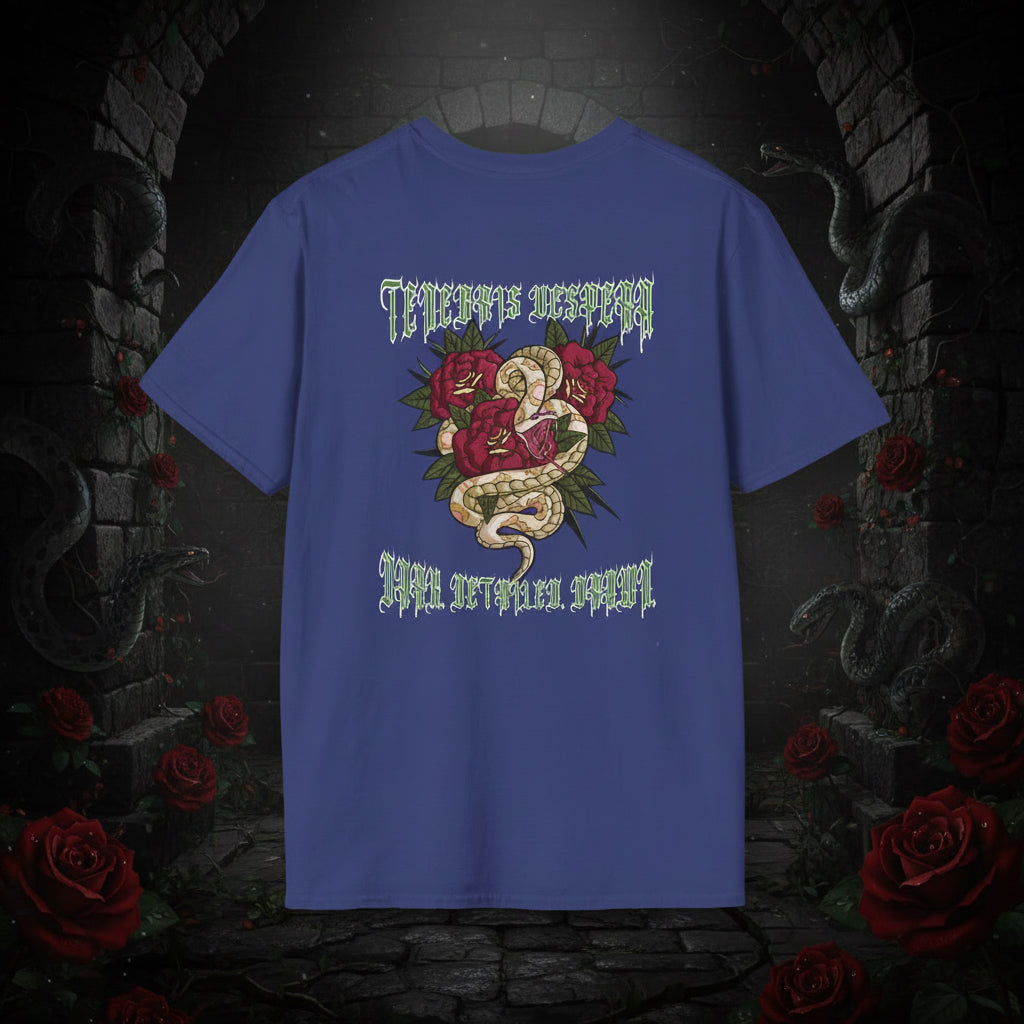 Blue t-shirt with snake and floral design on a white background