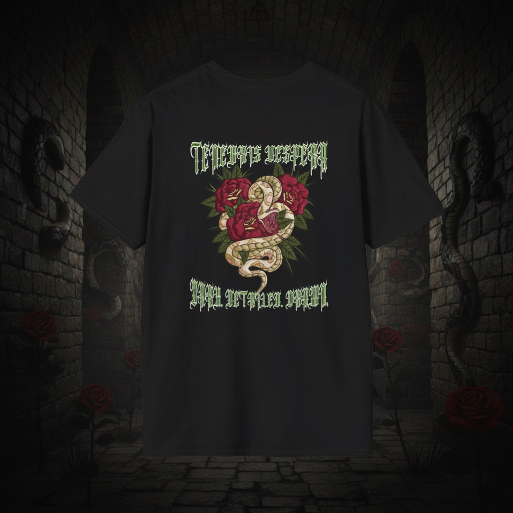 Black t-shirt with snake and floral design on a white background