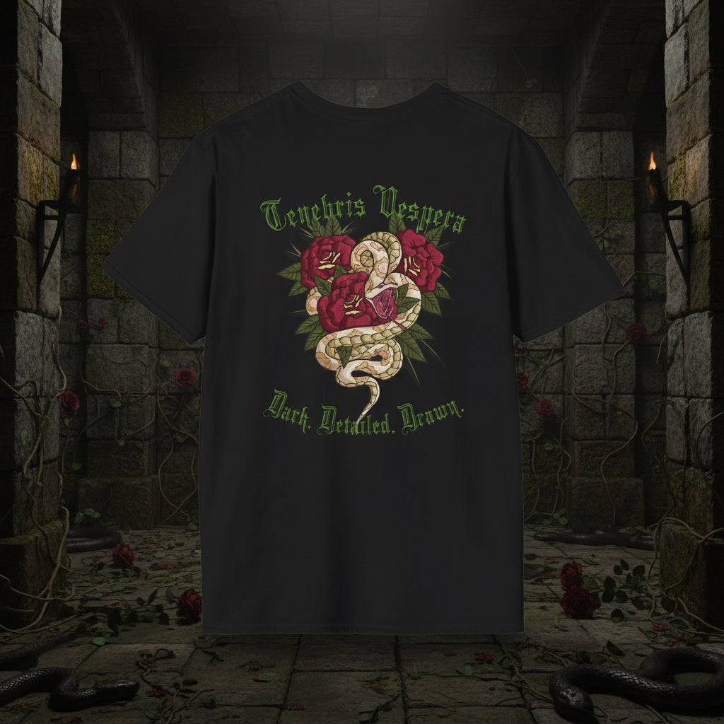 Black t-shirt with snake and rose design on a white background