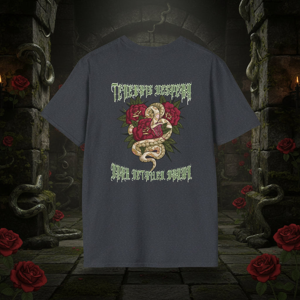 Black t-shirt with a snake and floral design on the back, displayed against a white background.